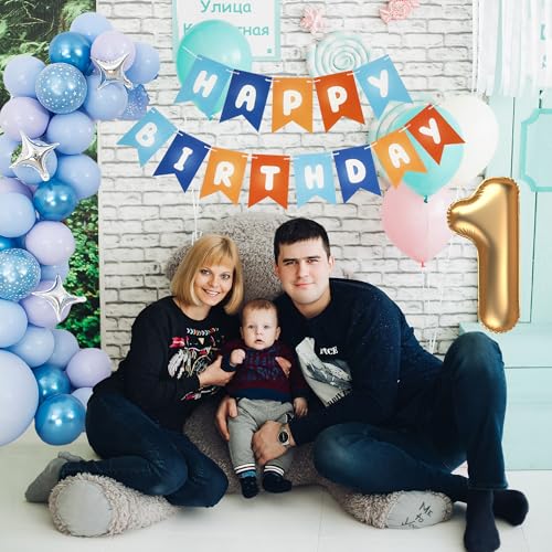 Image of Picoway Blue Happy Birthday Banner, Blue and Orange Themed Party Decorations Supplies for Boy and Girl, Birthday Banners Decor Backdrop