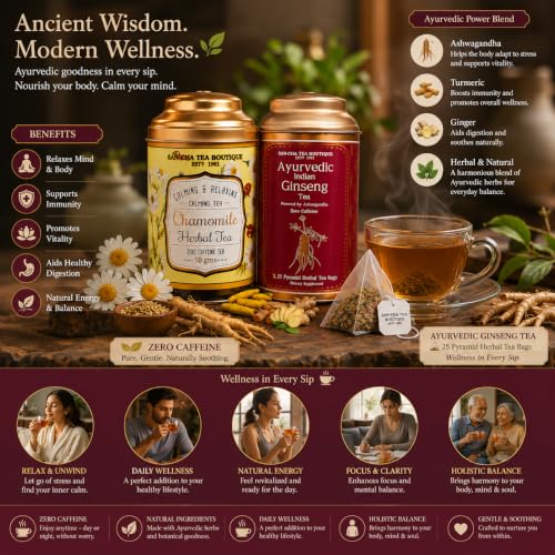 Image of Sancha Tea Boutique, Tea Combo Pack: Chamomile Flower, 50g & Indian Ginseng /Ashwagandha Teas (25 Pyramid Bags), Caffeine Free Herbal Tisanes