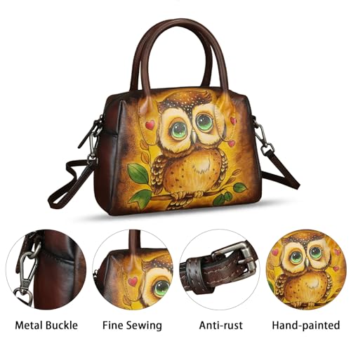 Image of Genuine Leather Handbag for Women Hand Painted Top Handle Purse Retro Handmade Satchel Vintage Crossbody Hobo Bag