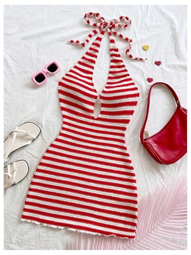 Image of GORGLITTER Women's Vacation Outfit Crochet Halter Knit Bubble Mini Dress Sexy Beach Cruise Summer Miami Resort Outfits