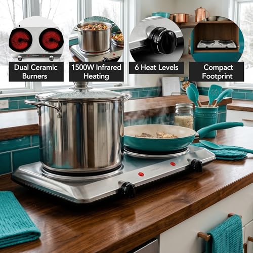 Image of OVENTE Countertop Infrared Double Burner, 1500W Electric Hot Plate and Portable Stove with 7.5 inch Ceramic Glass Cooktop, 6 Level Temperature Setting and Easy to Clean Base, Silver BGI202S