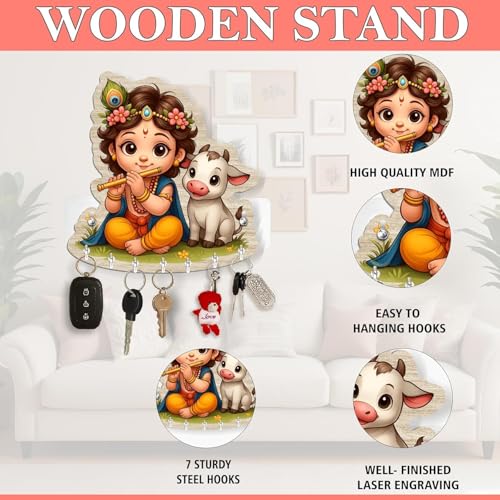Image of CAPIO ART Bal Krishna Key Holder for Wall | Wooden Key Stand with Hooks | Home Decor Key Organizer for Easy Key Management & Aesthetic Entryway Display