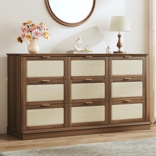 Image of HUAHUU 9 Drawer Dresser for Bedroom, 60 Inch Long Dressers & Rattan Chest of Drawers, Boho Style, Large TV Stand for 55, 65, 70 Inch TV, for Bedroom, Living Room, Entryway, Hallway, Walnut