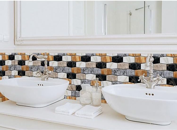 Miniatura 4 de 10 hojas de azulejos de mármol de diseño más grueso de 12 x 12 pulgadas para pegar en el protector contra salpicaduras para cocina, baño, color