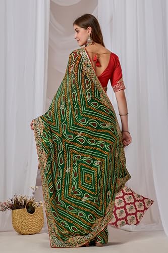 Image of Women's Georgette Bandhani Printed Embroidery Saree with Unstitched Blouse Piece