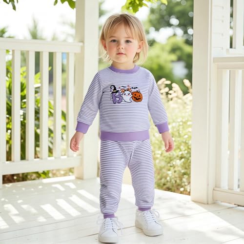 Karuedoo Toddler Baby Boy Girl Halloween Outfit Pumpkin Ghost Embroidery Stripe Long Sleeve Waffle Sweatshirt and Pants Set2