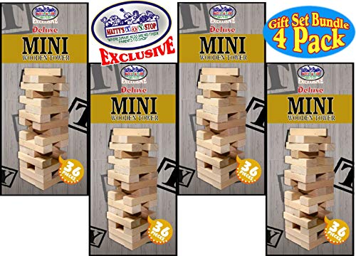 Matty's Toy Stop Mini Wooden Tower 36 Piece Stacking Game (4.25") Gift Set Party Favor Bundle - 4 Pack #TOP1