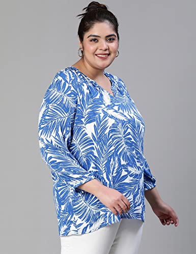Image of oxolloxo Women Plus Size Tropical Print V-Neck Button Tab Sleeve Blue Top