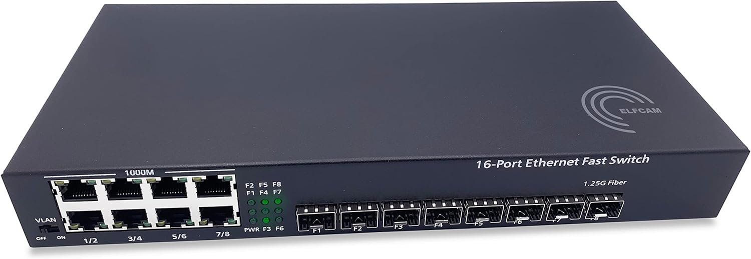 Elfcam® - Fibre Optic Switch Switch with 4/8 SFP Ports and 2/8 Gigabit Ethernet Ports 10/100/1000Mbps, Plug & Play Unmanaged (8 SFP Ports)