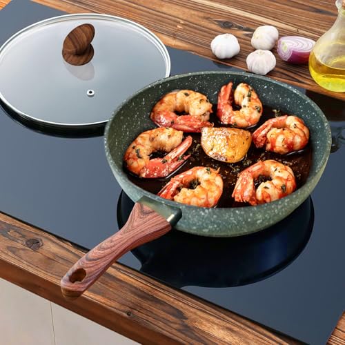 AEX 28cm Nonstick Frying Pan with Lid | Scratch-Resistant & Durable Skillet | Cool-Touch Wooden Handle | Suitable for Induction, Gas, and Electric Hobs - Image 3