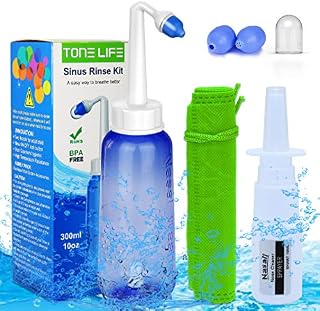 TONELIFE Sinus Rinse Kit 10oz+Moisturizing Nasal Pump Sprayer-Nasal Irrigation System-Nose Wash-Nose Cleaner 300ml