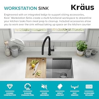 KRAUS Kore Workstation 30-inch Undermount 16 Gauge Stainless Steel Kitchen Sink, Single Bowl Kitchen Sink with Accessories, KWU110-30