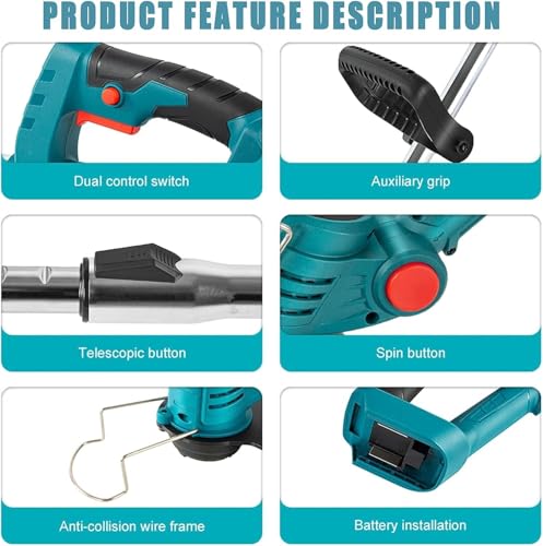 Image of Electric Wireless Rechargeable Edge Cutter 48V - 25cm Cutting Width | 2-in-1 Mower & Trimmer | Adjustable Height | 3 Blade Types | Lightweight & Portable | Lawns & Gardens (Blue)