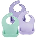 PandaEar 3 Pack Silicone Bibs for Boys Girls for Babies & Toddlers, Waterproof Feeding Bib with Large Food Catcher, BPA Free (Green & Purple)