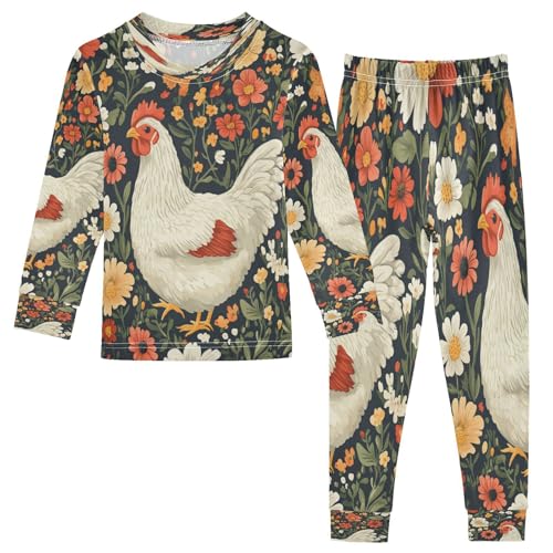 Pajama Sets Long Sleeve Floral Cute Hen Pattern Soft Comfy Sleepwear 2 Piece PJS 3-8T