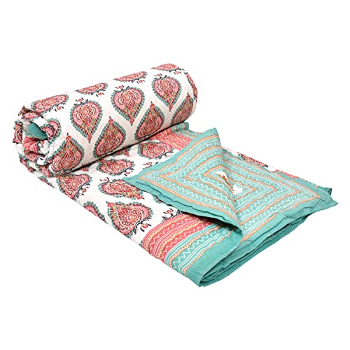 Image of BLOCKS OF INDIA Hand Block Printed Cotton King Size Quilt /Rajai (90 Inch X 108 Inch, Turquoise Motifs), Skin Friendly, 300 TC