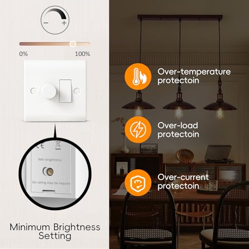 Dimmer and Rocker Wall Light Switch Combo, 2 Gang 2 Way Dimmer Light Switch, Trailing Edge with On/Off, Compatible with LED/Halogen/Incandescent Bulbs - Image 4