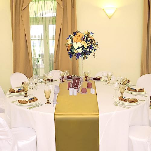 Image of 12 Pack 12x108 Inch Satin Table Runner and 84 Inch Round Plastic Tablecloths Set White and Gold Disposable Round Table Cover for Graduation Wedding Bridal Shower Anniversary Birthday Party Decorations