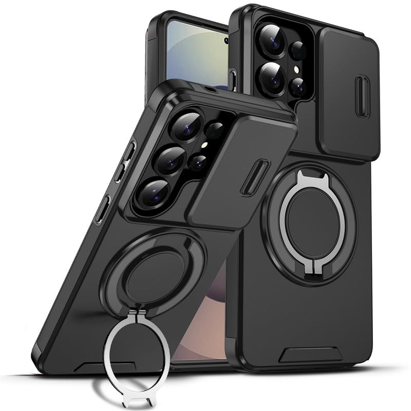 Image of LuxuryKase Shockproof Rugged Case for Samsung Galaxy S26 Ultra | Slide Camera Cover | 360 Rotating Ring Kickstand | Military-Grade Protection - Matte Black