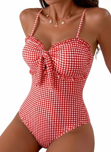 Herseas Womens One Piece Swimsuits Tummy Control 2026 Summer Ruffled Swim Suits Supportive Knotted Front Sweetheart Neck Bathing Suit Teens Beach Vacation Clothes Red Gingham Medium