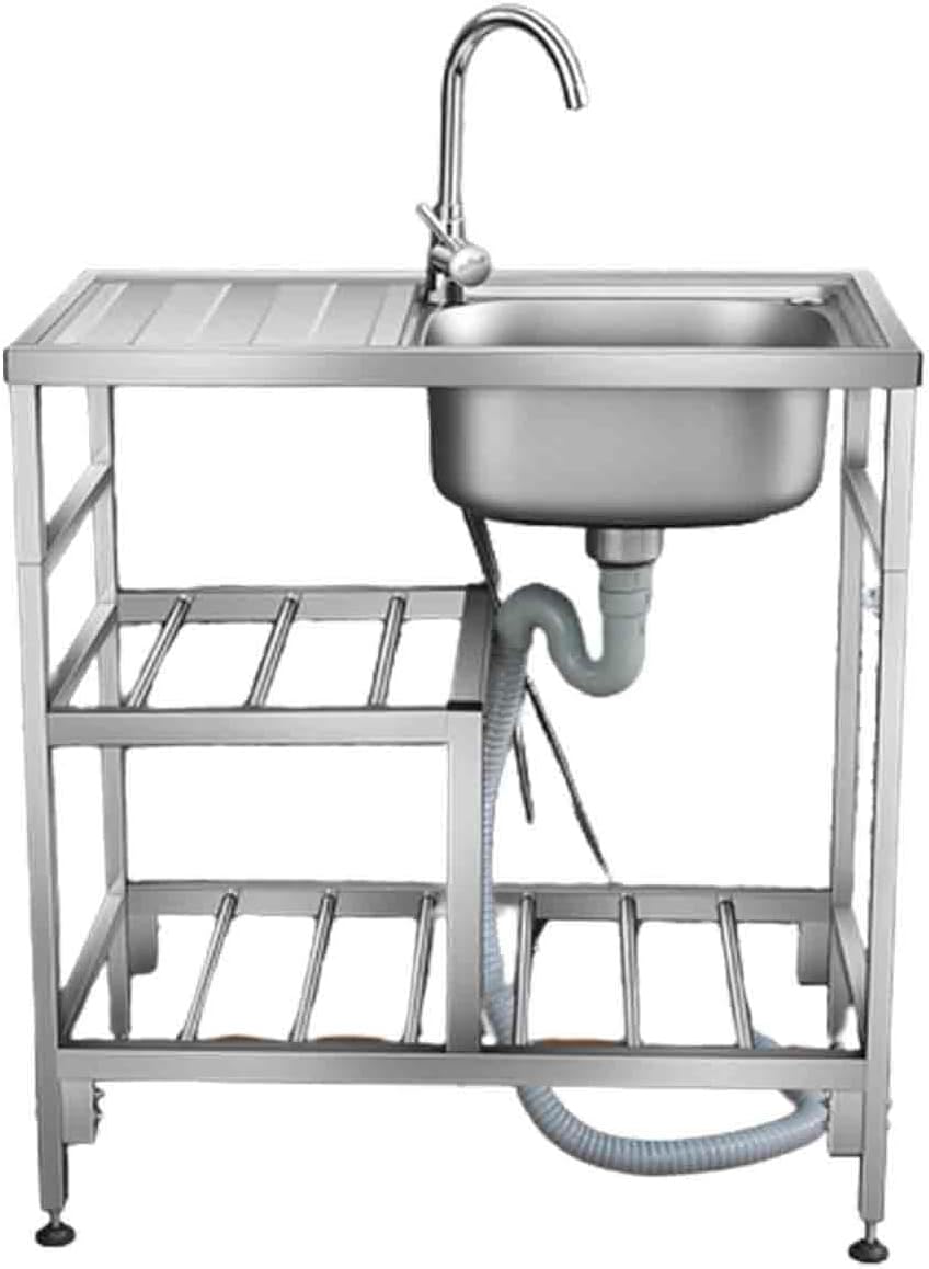 Single Bowl Free Standing Kitchen Sink Stainless Steel Kitchen Prep & Utility Sink w/Workbench