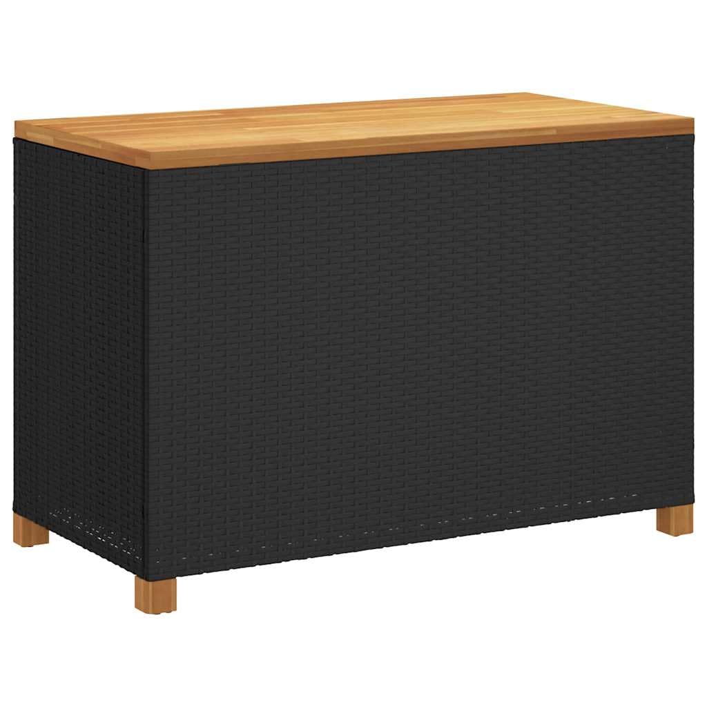 Skrzynia ogrodowa, czarna, 110 x 55 x 63 cm, polirattanowa z blatem z drewna akacjowego, odporna na warunki atmosferyczne, skrzynia do siedzenia na taras, balkon, miejsce do przechowywania