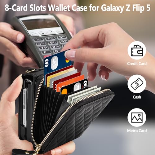 Vofolen Case for Samsung Galaxy Z Flip 5 with Card Holder, Crossbody 8-Card Slots Wallet Case with Adjustable Strap Soft PU Leather Protective Zipper for Women Girls, Black