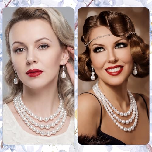 Image of Glenmal Pearl Rhinestone Jewelry Set for Women Pearl Necklace Bracelet Earrings for Wedding Halloween Bridal Shower Tea Party