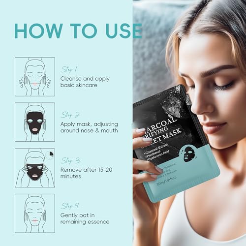 Image of 3 Pack Charcoal Purifying Sheet Mask, Deep Purifying Pore, Hydrating, Gentle Care Skin, Rejuvenating Clarity Collagen Essence Facial Mask with Charcoal Extract & Hyaluronic Acid for Women