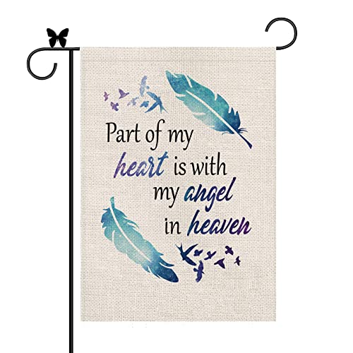 Memorial Cemetery Garden Flag, Part Of My Heart Is With My Angel In Heaven, Linen Double Sided Cemetery Memorial Religious Graveyard Outdoor Decoration 12.5 X 18 Inch #TOP11