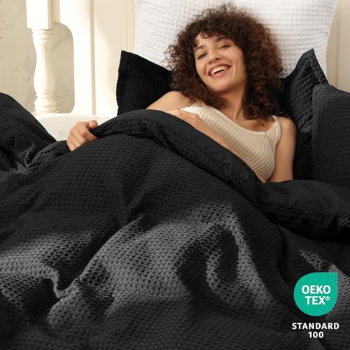 Image of PHF Waffle Weave Duvet Cover Set Queen Size, No Snagging Ultra Soft Luxury Textured Breathable Comforter Cover for All Season 3pcs, Durable Bedding Duvet Set with 2 Pillow Shams, 90 inchx90 inch, Black