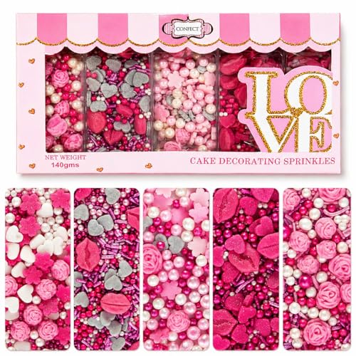 Image of Confect Pink Mini Roses, Silver Hearts, Vermicelli & White Pearls - Vegan, Gluten-Free, Nut-Free, Soy-Free, Dairy-Free Cake & Baking Sprinkles - Perfect for Anniversaries & Special Occasions - 140 Gms