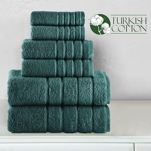 Image of Elegant Comfort 4 Lines Viscose Stripe 6-Piece Premium Towel Set - 100% Turkish Cotton High Absorbent Luxury Bathroom Towels - Includes 2 Washcloths, 2 Hand Towels and 2 Bath Towels Set, Hunter Green