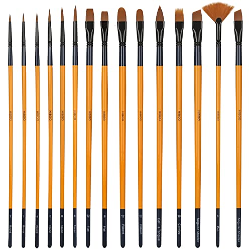 Hiboo Art Paint Brush Set-15 Different Sizes Of Professionals Paint Brushes Long Wooded Handles With Oil-Sealing Technique For Watercolor Acrylic Oil，Face And Nails Painting (Yellow & Blue) #TOP6