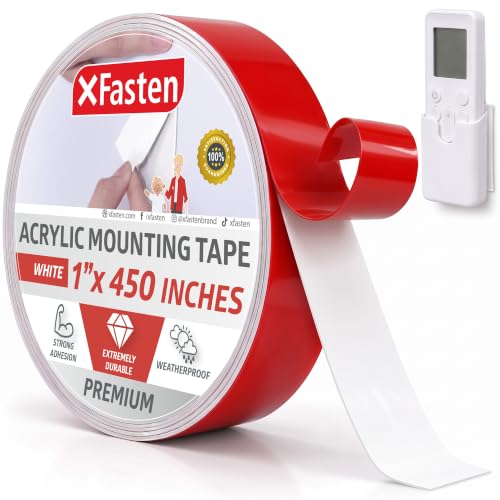 XFasten Double Sided Acrylic Mounting Tape Removable, White, 1-Inch x 450-Inch, Weatherproof Adhesive for Brick, Walls- Indoor and Outdoor Applications