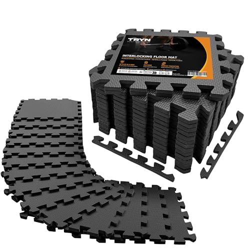 18Pc Interlocking Soft Foam Floor Mat - Exercise EVA Puzzle Tiles Protective Gym Flooring Ground Surface Protection Workout Underlay Matting Sports Pool Home Fitness Garage Gymnastic (Black)