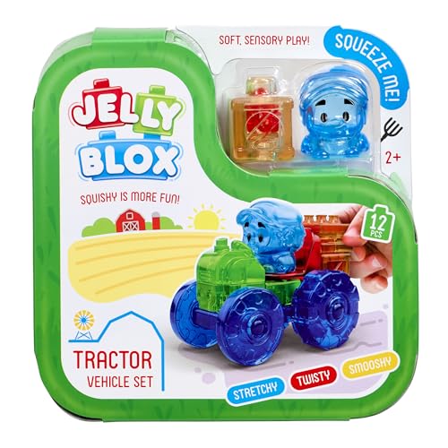 Jelly Blox - Traktor-Set 12 taktile weiche Bausteine Spiel mit Traktor und Bauer Sinnesbaukasten für Kinder ab 2 Jahren ausziehbare und Flexible Bausteine