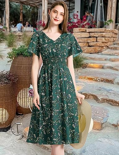 Image of Gardenwed Chiffon Floral Dresses Summer Midi Wedding Guest Dress V Neck for Women Elastic Waist