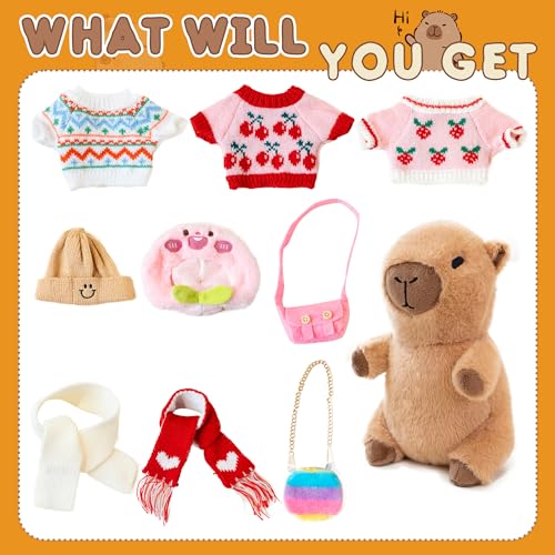 Image of Capybara Plush for Boys Girls Birthday Dress Up Cute Plushies,10 Pcs Set,9 Clothes and Accessories Kawaii Stuffed Animal Plushie Toy, Soft Peluche Doll for Kids 10.2 in