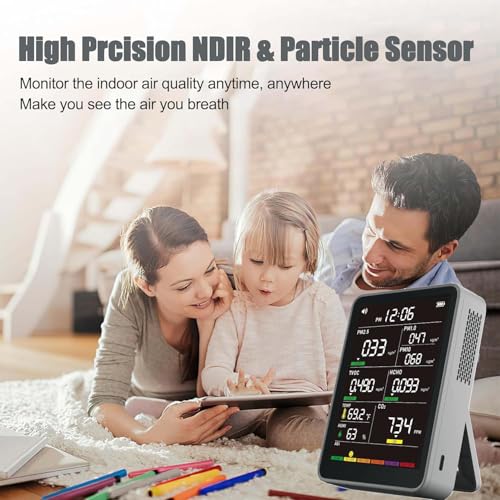 Image of Professional Indoor Air Quality Monitor with AQI Alerts, Portable Real-Time Detector for Home, Car, Plants & Pet (Concrete Gray)
