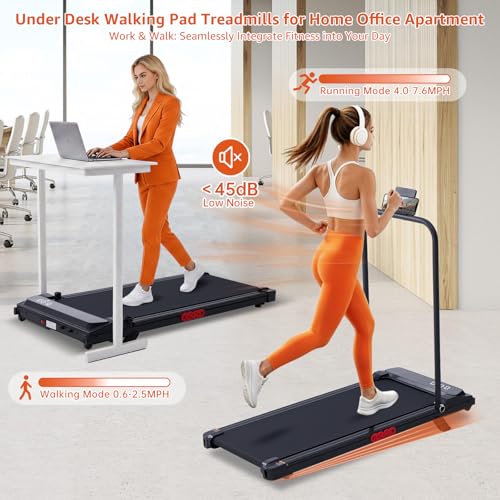 Image of Walking Pad Treadmill with Handle Bar, 3.0HP Portable Electric Treadmills for Exercising, 0.6-7.6MPH Mini Walking Pad Treadmill with Incline, Under Desk Treadmills for Home Small, 350LBS