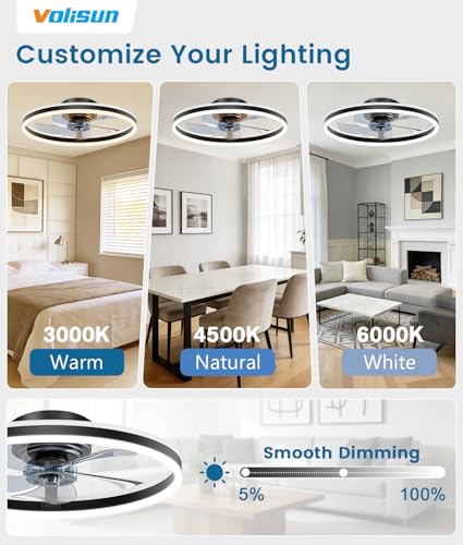 Image of VOLISUN RGB Ceiling Fans with Lights and Remote, 20in Low Profile Ceiling Fans with Lights Flush Mount, 3000K-6500K Dimmable Fandelier LED Fan Light, Black Bladeless Ceiling Fans for Bedroom