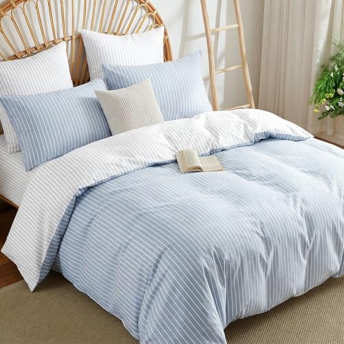 Image of Nayoroom Striped Duvet Cover Queen Reversible Blue White Stripe Bedding Set