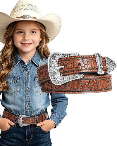 Kajeer Girls Western Belt for Kids Upgraded Cowgirl Belt Vintage Engraved Cowgirl Country PU Leather Belt for Pants Jean