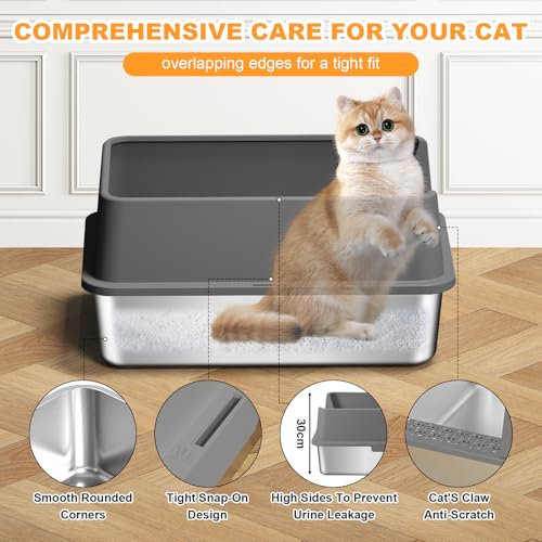 Image of Stainless Steel Cat Litter Box with Lid XL Metal Extra Large Litter Box with High Sides, Big Cat Litter Pan Include Scoop & Mat Easy to Clean, Non Stick, No Smell, Anti-Urine Leakage (Dark Gray)