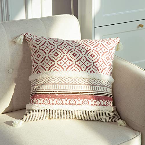 Image of Modern Homes Boho Tufted Decorative Throw Pillow Covers for Couch Sofa - Moroccan Style Cushion Covers with Tassels, Accent Decor Pillow for Bedroom Living Room (Pink, 16x16 inch)