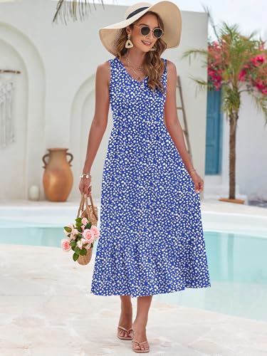 Image of AUSELILY Womens Summer Maxi Dress Casual Sleeveless V Neck Floral Dresses | A line shape with practical side pockets, Vacation dress for resort walks, Pair with low heels and simple jewelry