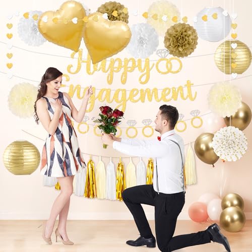 Kriyokiaa 17 Pcs Engagement Party Decorations, Gold Engaged Party Decor with Happy Engagement Banner, Hanging Balloons Paper Pom Poms Lanterns, Tassels for She Said Yes Just Engaged Decoration