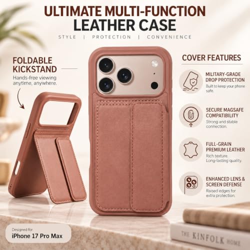 Image of amazon basics Luxury Vegan Leather Back Cover for iPhone 17 Pro Max | Built-in Card Holder Slot | Integrated Mobile Stand | Slim Shockproof Protective Case with Stitched Finish - Pink