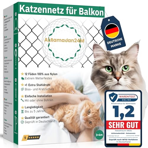 ALRamadan24M® - Red para gatos para balcón – 3 x 4 m en verde oliva extra reforzado con alambre, red de protección para gatos con/sin agujeros, red de ventana para balcón, red de protección para